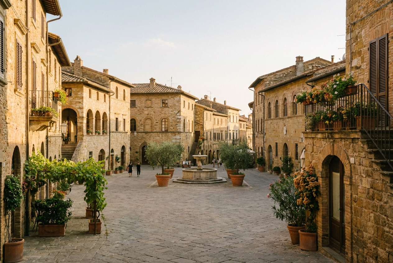 Piazza di un borgo italiano restaurato, rigenerazione territoriale