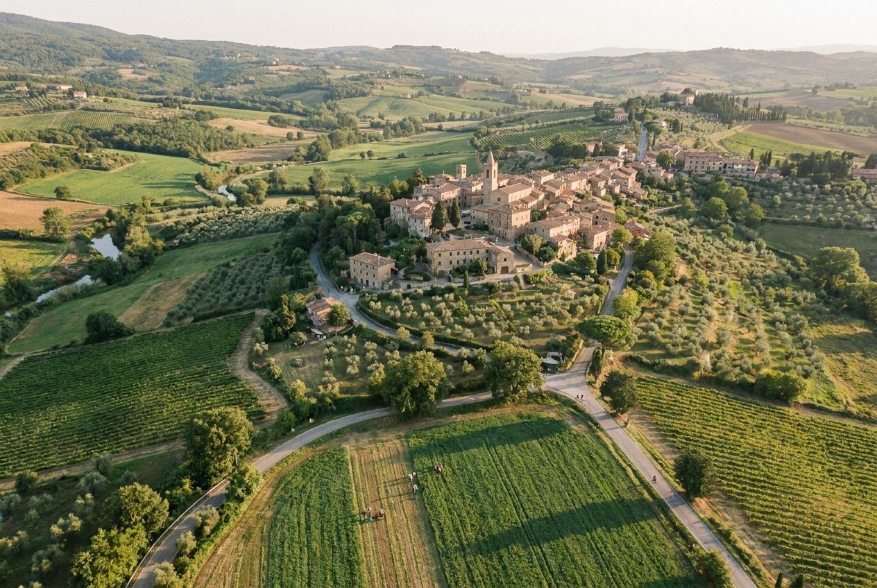 Veduta di un territorio italiano tra campi, borghi e natura